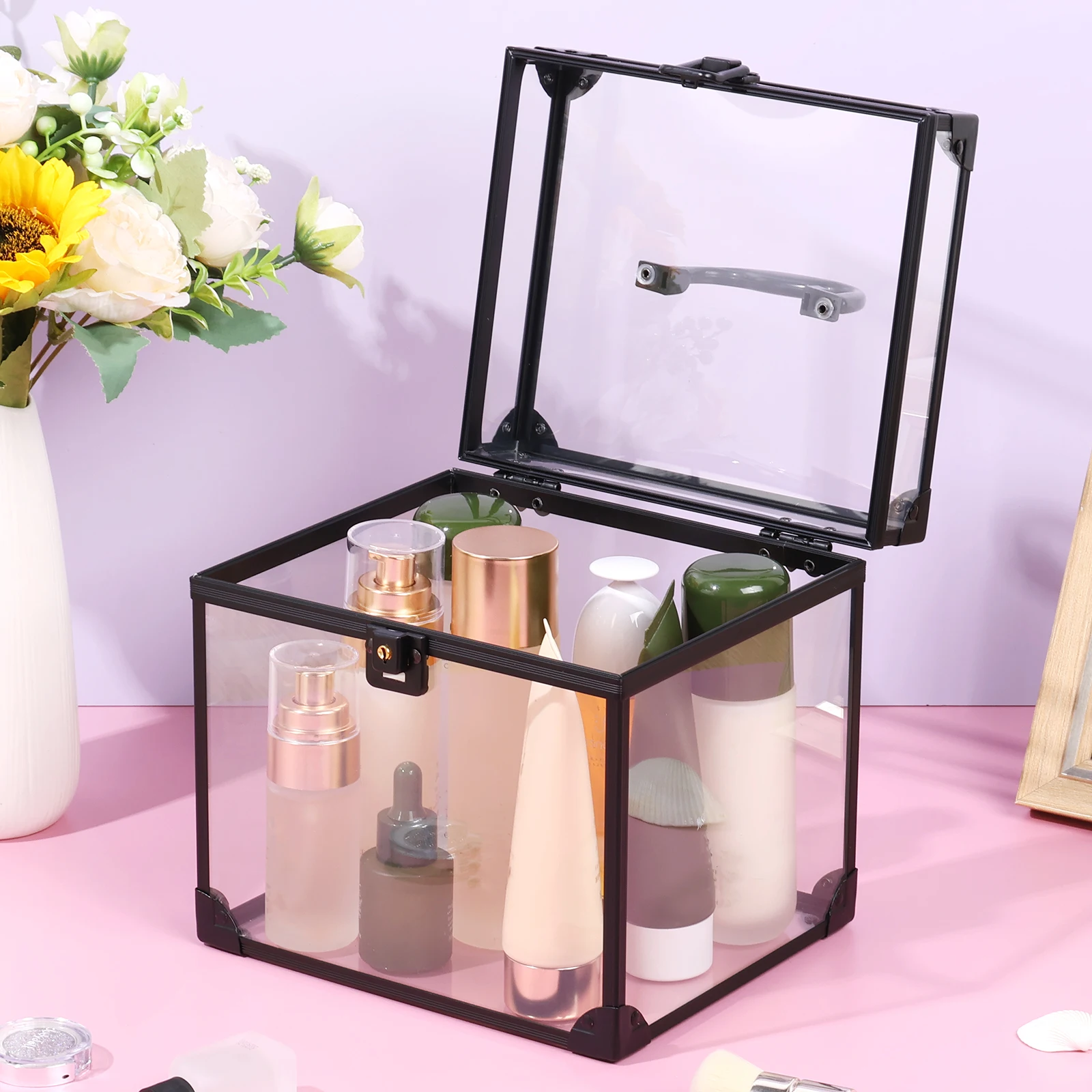 Clear Crown Box Clear Cosmetics Organizer Box with Padlock and Keys 7.9 x 6.7 x 7.5 Inch Toiletry Storage Box Portable