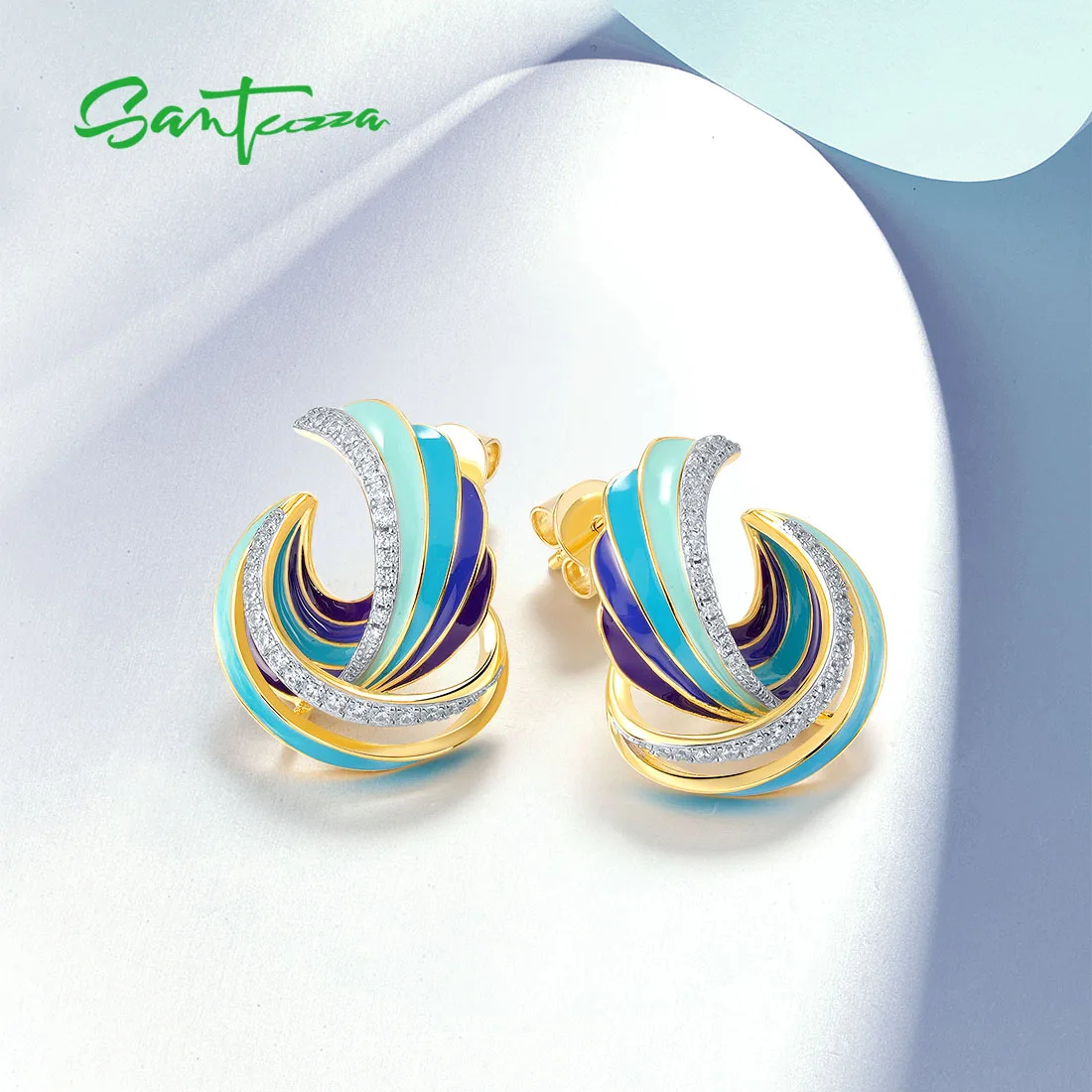 SANTUZZA Authentic 925 Sterling Silver Stud Earrings For Women Sparkling CZ Colorful Twisted Pattern / Lovely Conch Fine Jewelry