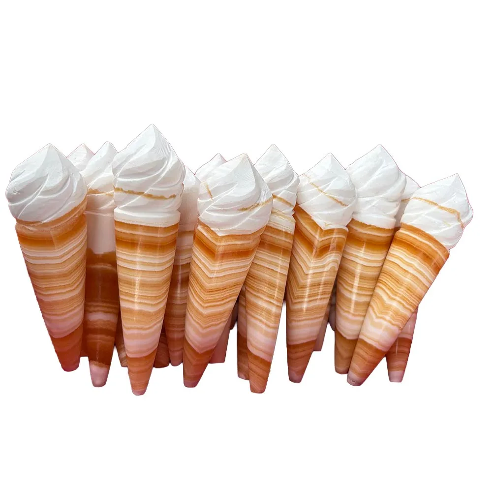 Custom-Handcrafted Natural Calcite Ice Cream Cone Figurine - Gemstone Creative Dessert Statue Tabletop Decor for Healing