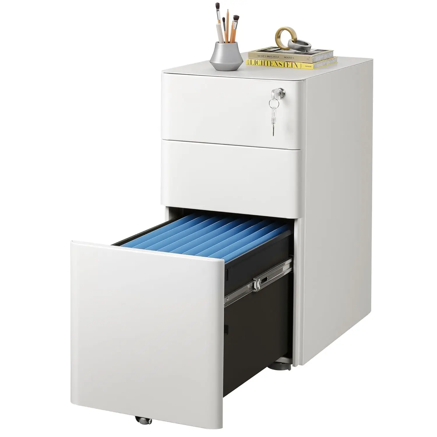 

Белый тонкий вертикальный шкаф для документов на 3 ящика (формат Legal/Letter), полностью собранный, офисная мебель на заказ, на колесиках (колесики не входят в комплект)