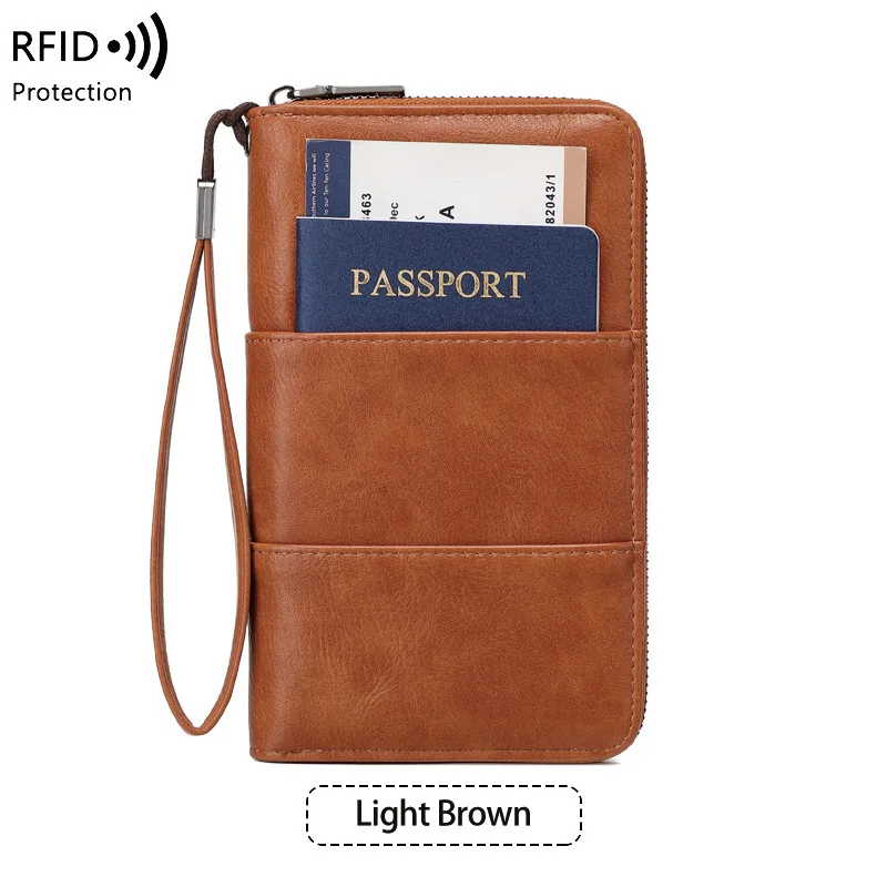 1pcs RFID Blocking PU Leather Passport Wallet with Zipper Multi-Function Travel Document Organizer for Cards Tickets Money