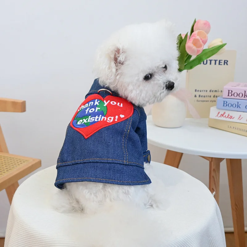 

Pet Dog Cat Denim Jacket Thankful Earth Print Casual Clothes, Cute Pet Circle Puppy Fashion Outfit Autumn Wear