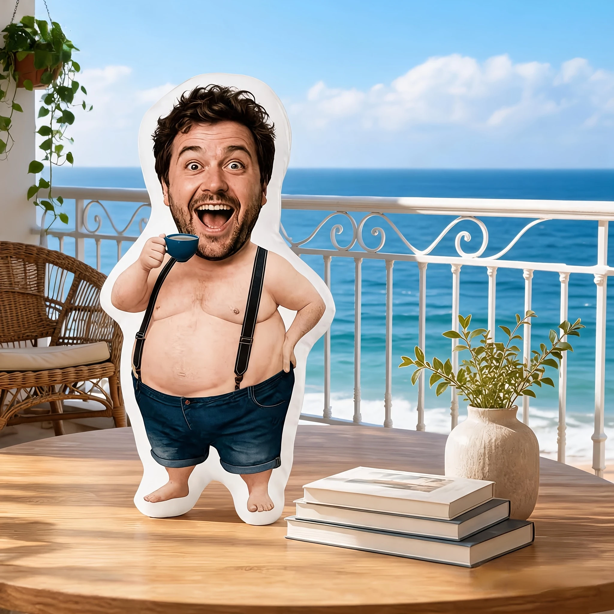 1pc - Customized Throw Pillow, Humorous Full-Body Figure Cushion with Denim Suspender Shorts. Upload Your Photo for Face Customi