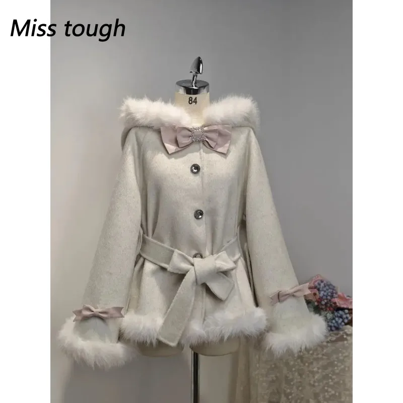 

Зимний японский милый утепленный женский плащ, корейская мода, теплая ветровка с меховым воротником и бантом, повседневная верхняя одежда, женская одежда