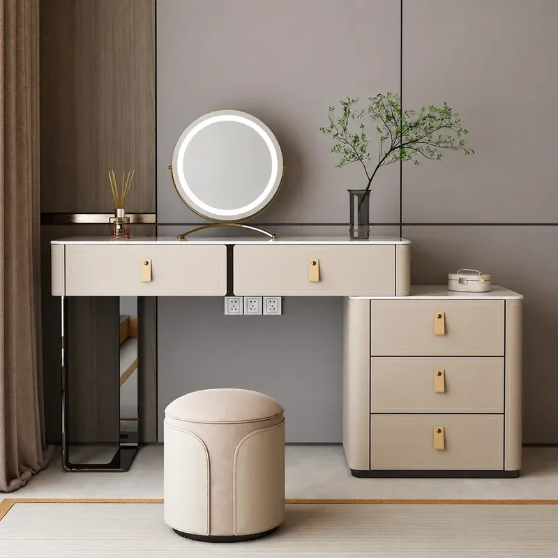 Slate Dresser Luxury Makeup Table Saddle Leather Bedroom Bedside Cabinet Solid Wood Storage Vanity Desk
