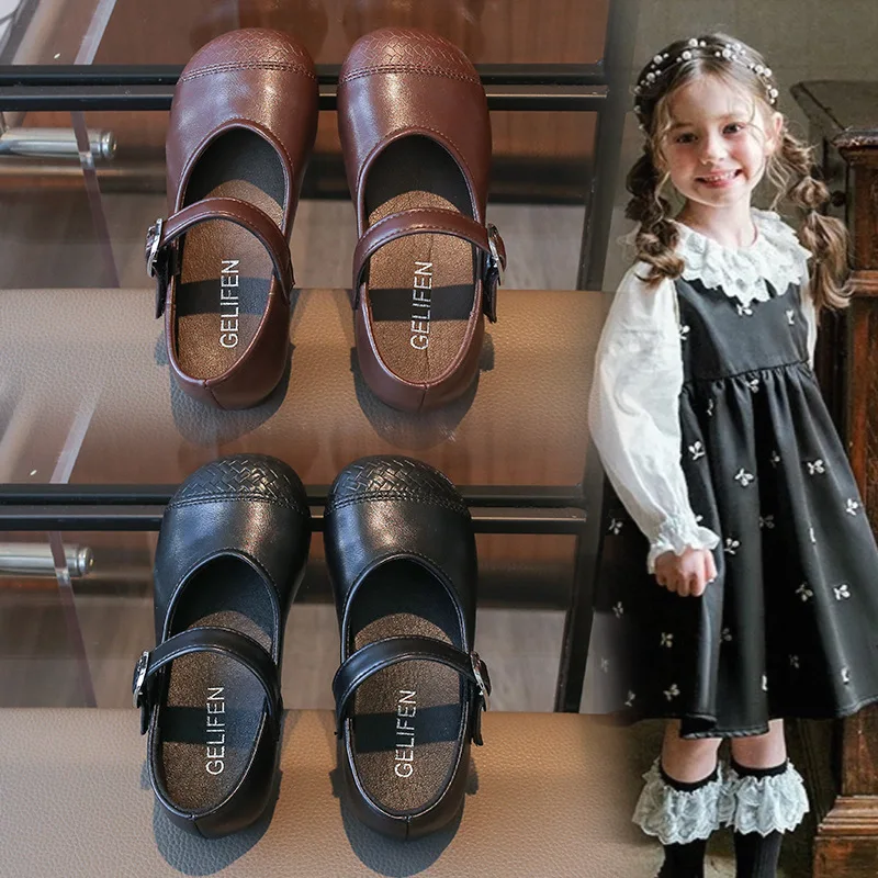 Girls' PU Leather Shoes Spring Autumn Children's New Fashion Black Mary Jane Square Head School Student Loafer