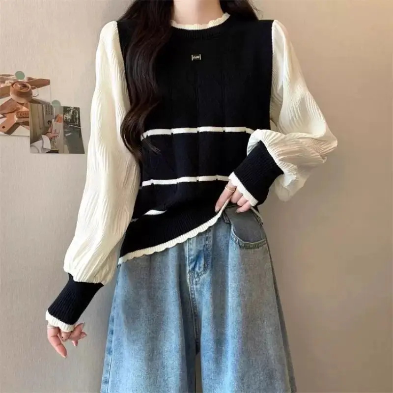 Women\'s 2024 Spring New Spliced Knitted Contrast Color Round Neck Fashion Solid Color Loose Casual Long Sleeve Versatile Top