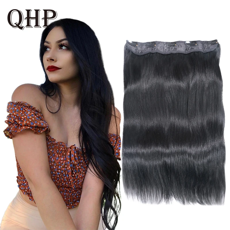 QHP Hair Natural Straight Clip In One Piece Real Human Hair Extensions Black Brown Balayage Brazilan Remy Hair 70gram For Women