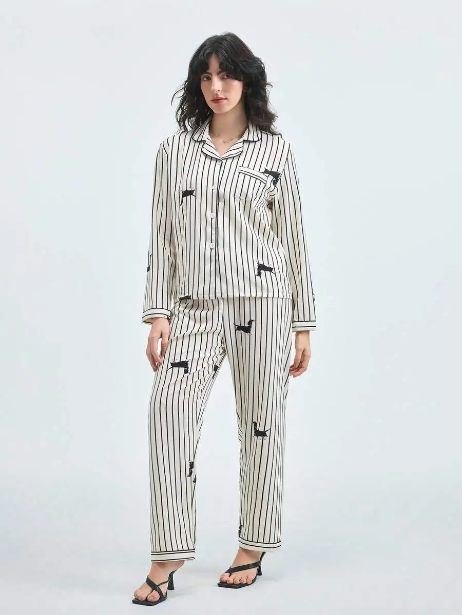 

Women Striped Sausage Dog Print Pajama Set Long Sleeve Button Collar Top And Pants Sleepwear Homewear