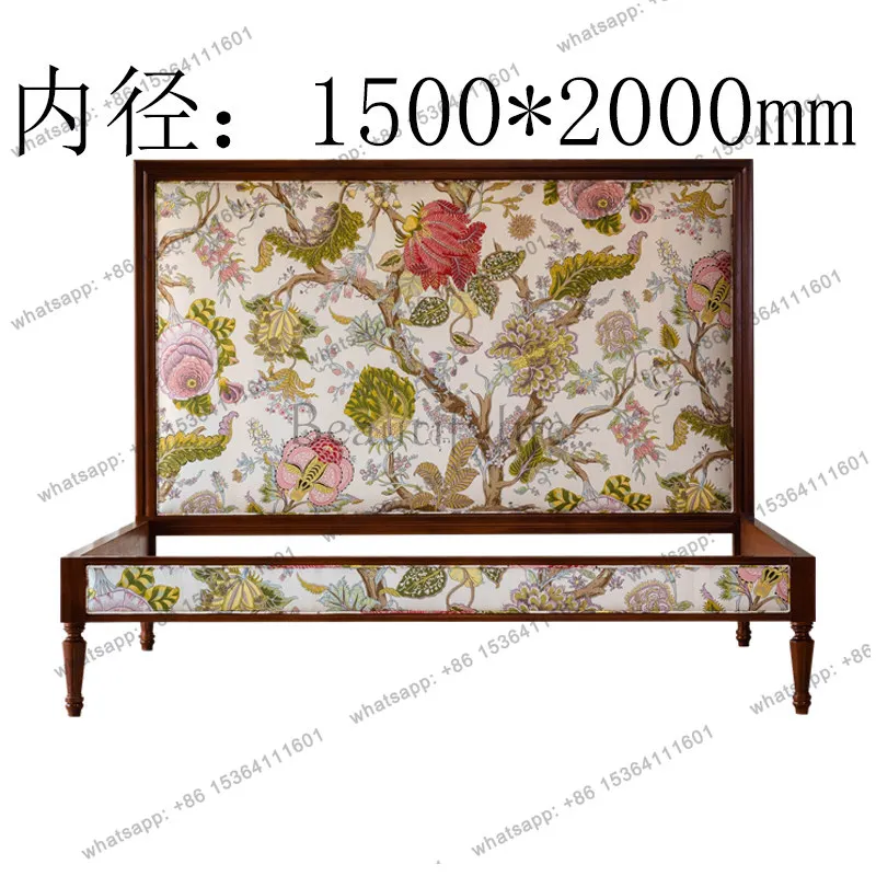 French printed light luxury princess bed rectangular printed backrest double fabric solid wood bed