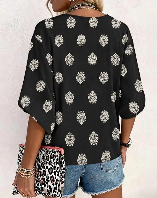 Women's Chiffon Shirt 2026 Summer Loose Vintage Bohemian Print V-Neck Casual Lantern Sleeve Chiffon Shirt Suitable for Daily Use