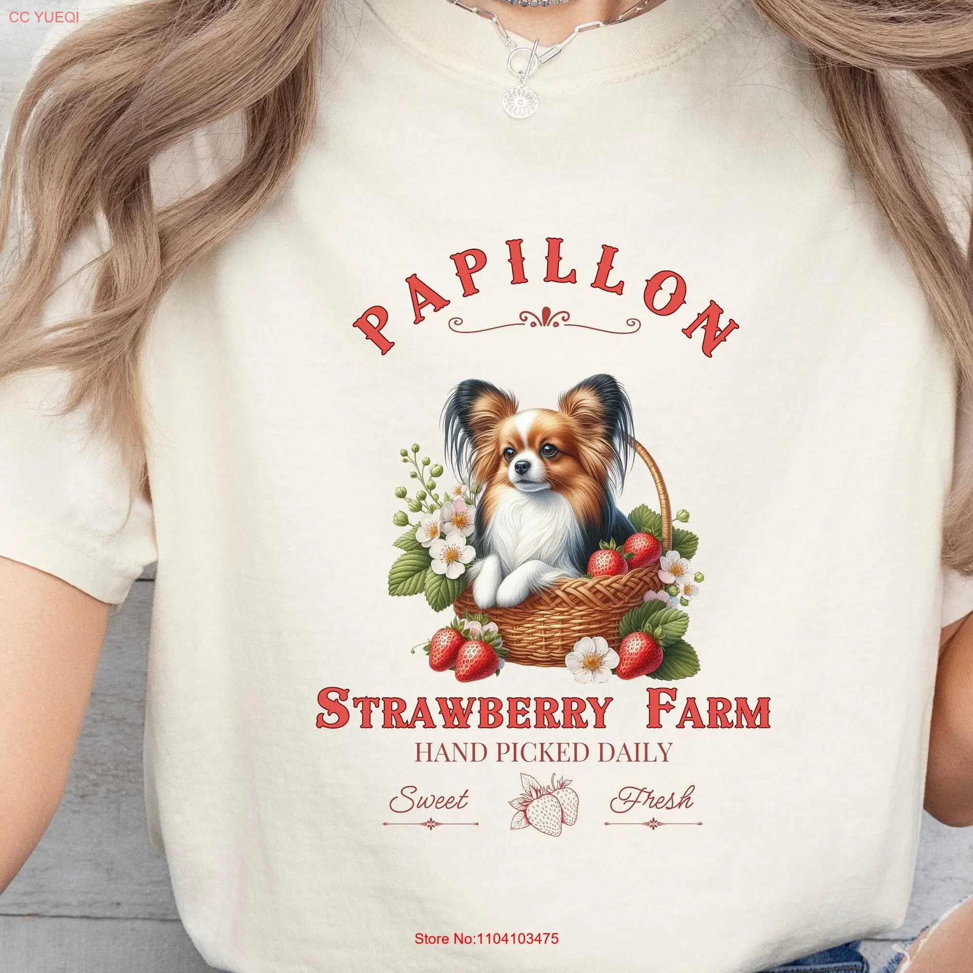 Papillon Strawberry Farm T Shirt for Dog Lovers Mom Owner Mama Person long or short sleeves