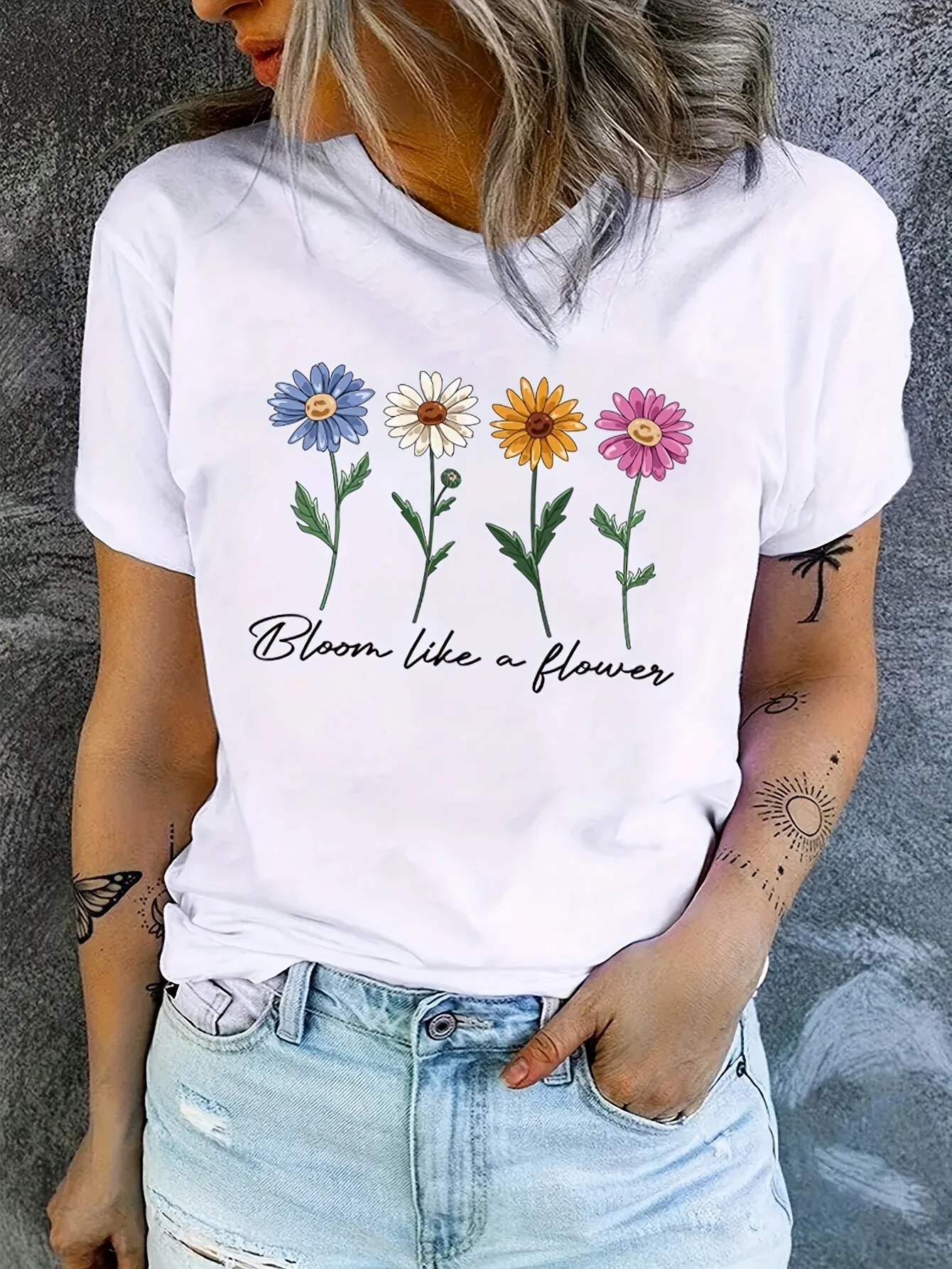 Cute Daisy Floral Women T Shirt Bloom Like A Flower Letter Graphic Print Short Sleeve Casual Daily Versatile Streetwear Tops