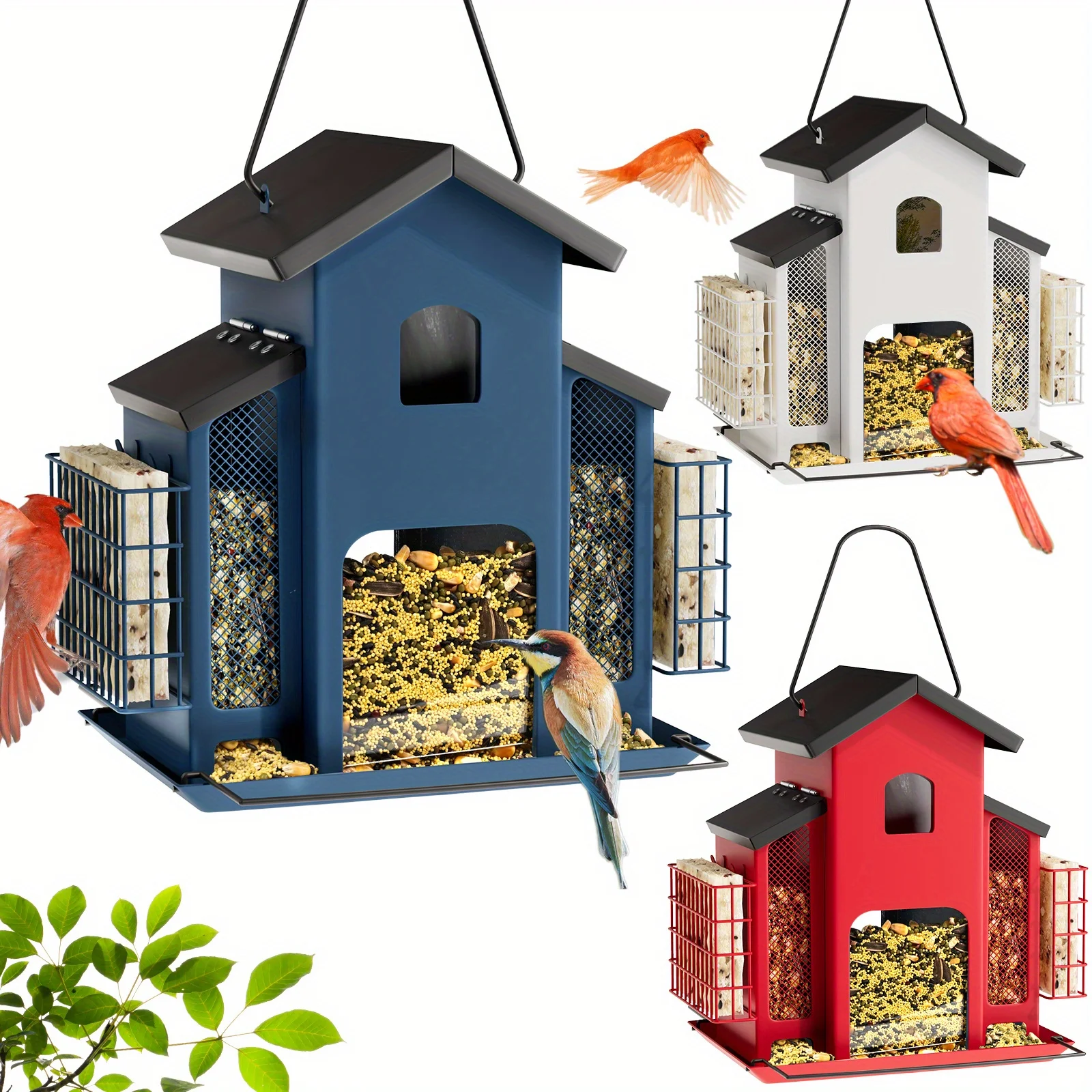 

Large Outdoor Hanging Feeder Made of Metal with Three Mesh Side Cages, Designed for Finches, Cardinals, And Chickadees. This Durable Garden Bird Food Dispenser Attracts Small Birds And Features a Classic Design, Without Battery