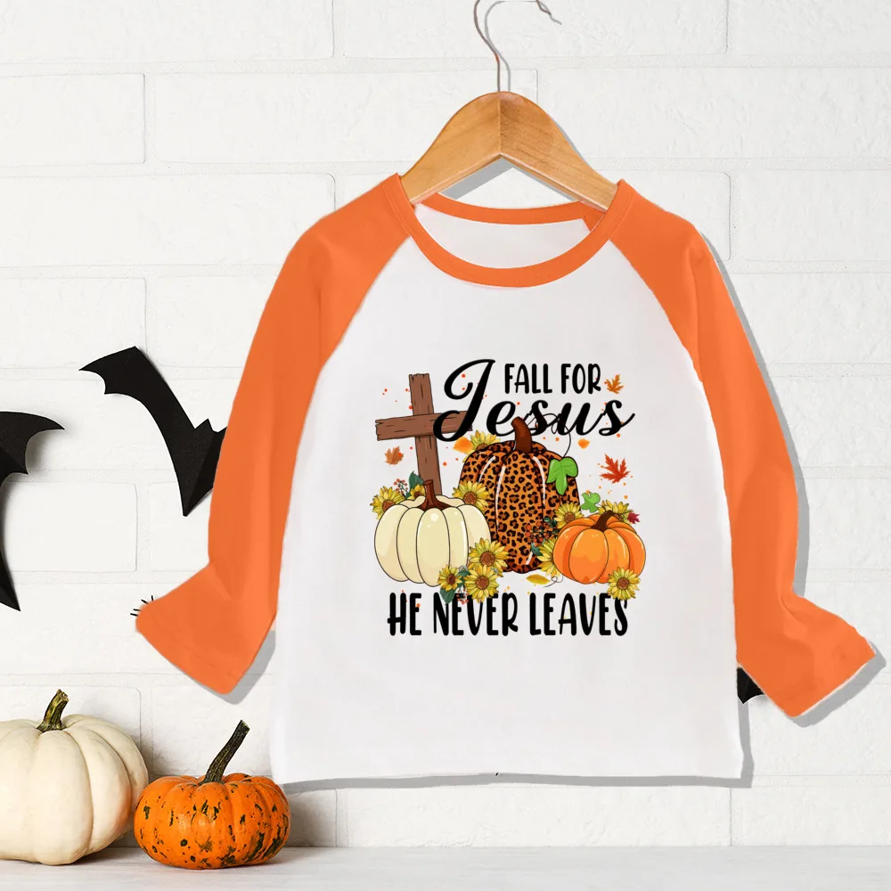 Fall for Jesus He Never Leaves Print Shirt Kids Thanksgiving Halloween Party T-shirt Boys Girls Raglan Sleeve Tee Child Fall Top