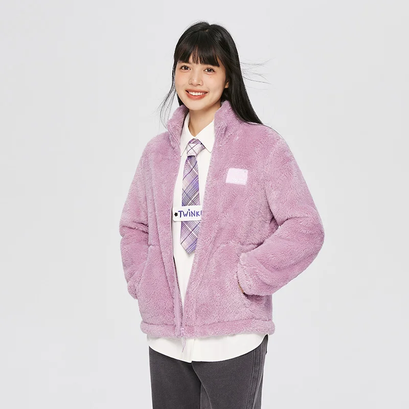 Semir Outerwear Jacket Women Plush Stand Collar Embroidery Simple Wind 2022 Winter New Warm Sweet Knit Jacket Women