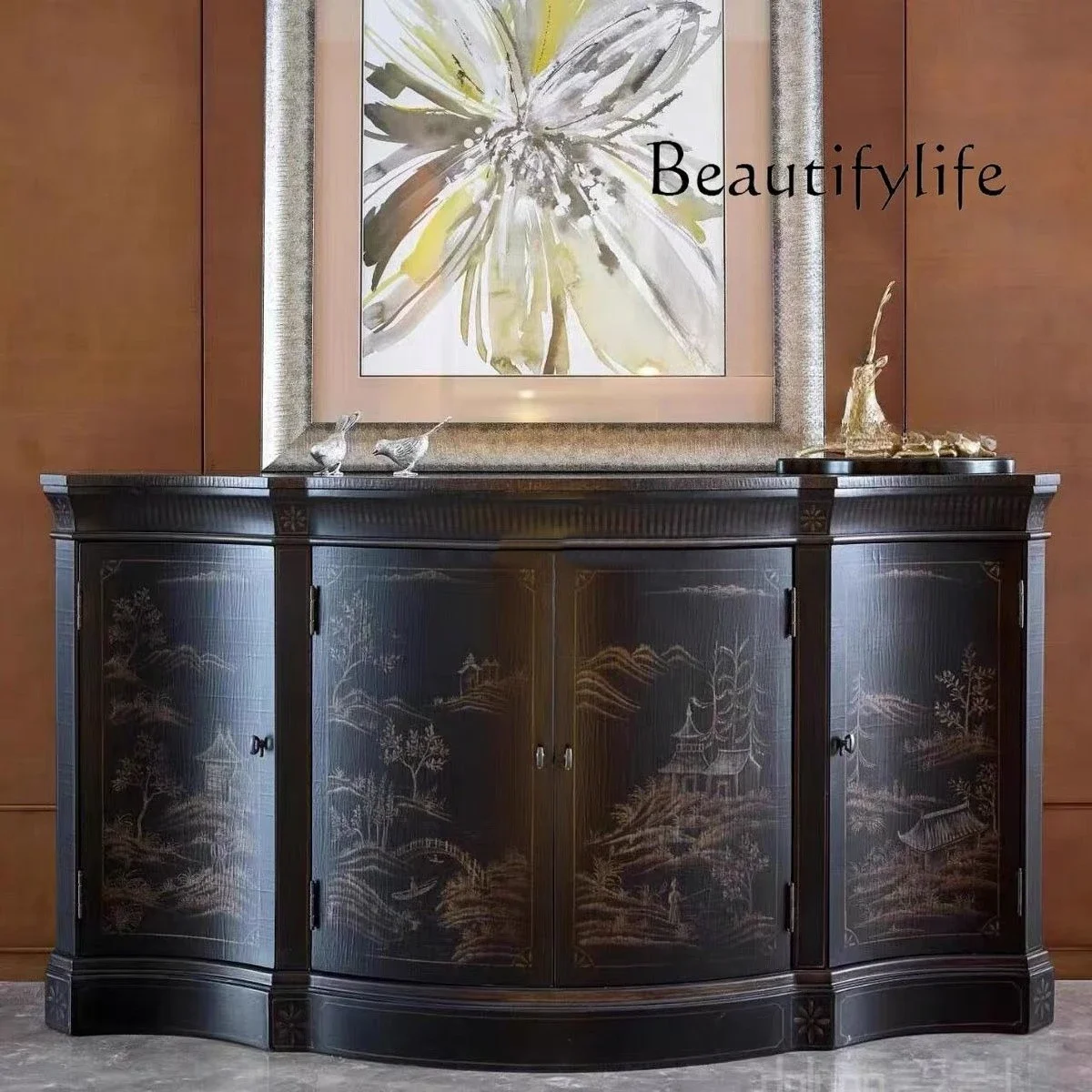 ZL French retro solid wood hand-painted dining side cabinet American country living room wall decorative cabinet partition side