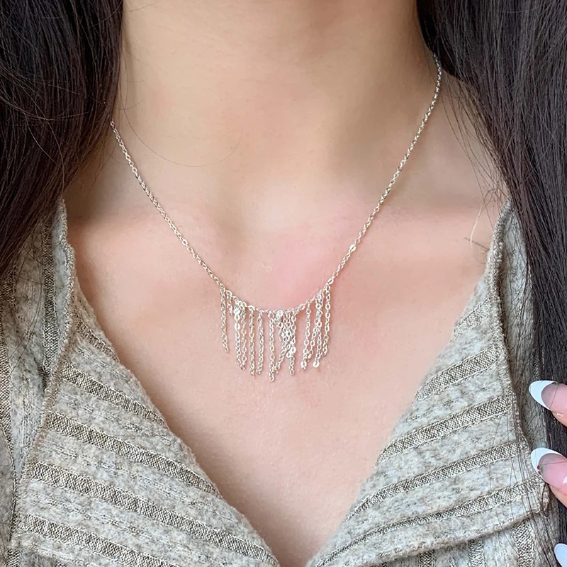 

PONYKISS 925 Sterling Silver Geometric Tassel Chain Necklace for Women Minimalist Trendy Fine Jewelry Personality Accessories