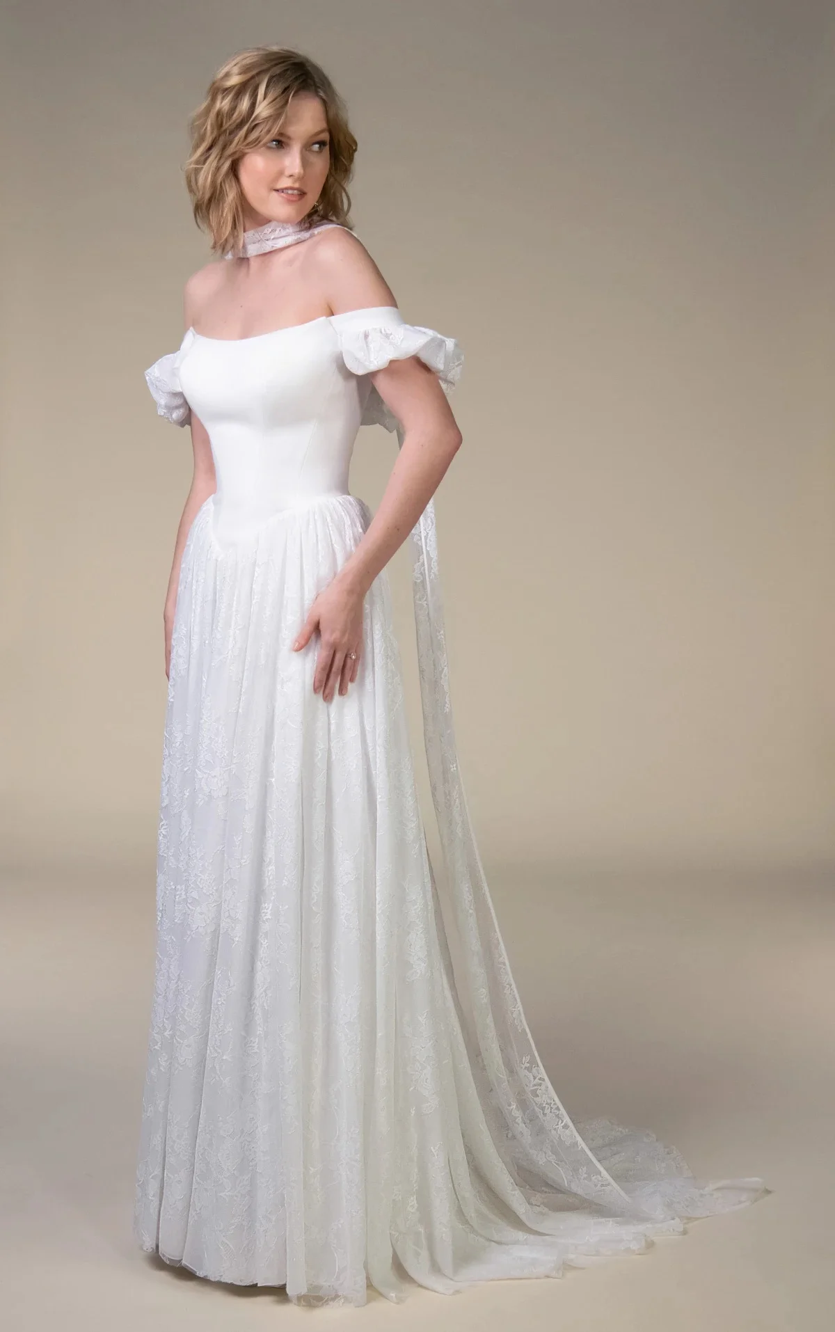 Customized White Off Shoulder Puff Sleeve Lace Wedding Dress Choker Neck Corset Fitted Bodice Flowy A Line Bridal Dress