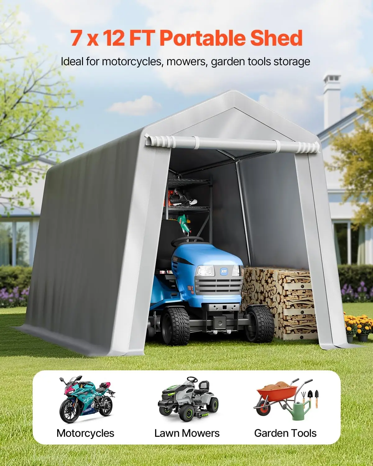 Outdoor Storage Shed, 7 x 12 ft Portable Storage Tent with Roll-up Door & Vents, Waterproof Canopy Shed Shelter, Heavy Duty Fram