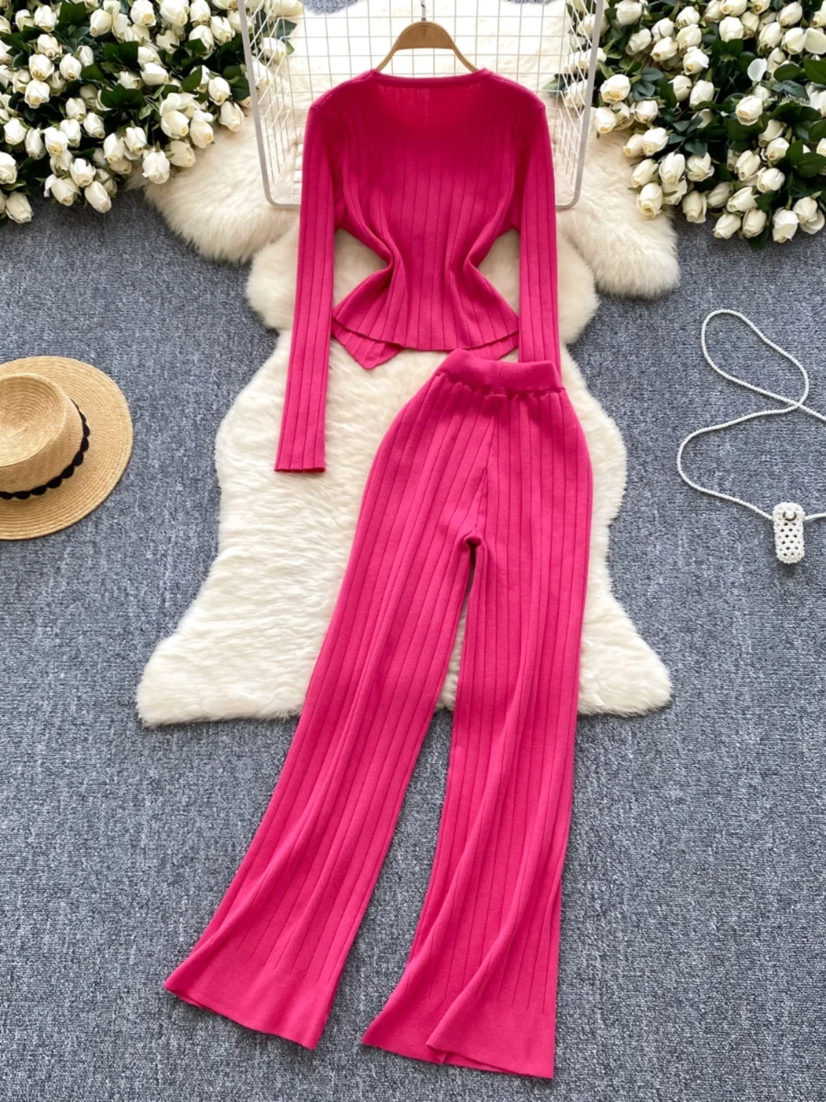 Autumn Knitting Two Piece Set Women Single Breasted Golden Button Cardigans Knitwear Knitted Wide Leg Pants Suits 2pcs Outfits