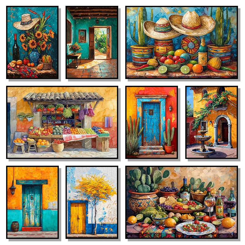 1pc frameless Canvas Painting Mexican Market Spanish Traditional Farmhouse Kitchen Still Life Cactus Poster Canvas Paintings Wal