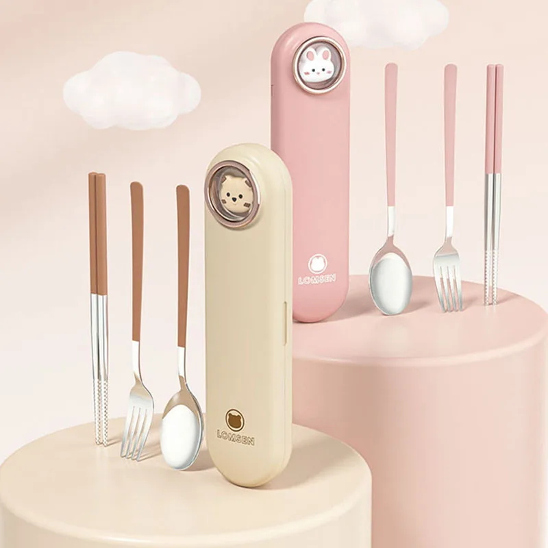 Kawaii Korean Style Cutlery Set With Case 304 Stainless Steel Spoon Fork Chopsticks Camping Travel Tableware Cute Flatware Set