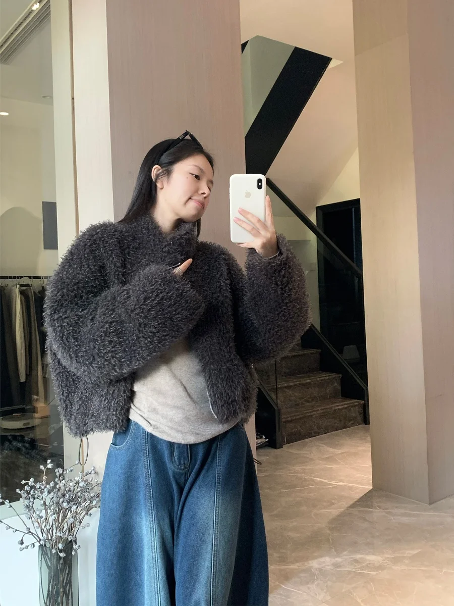 

Bling Bubble Trimmed Not Puffy Korean Style Deep Grey Fur And Leather Short Jacket Soft Plush Eco-Friendly Women's Coat
