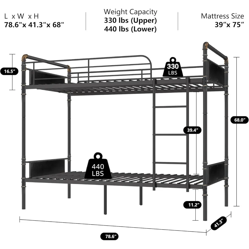 2 IN 1 Metal Bunk Bed Twin Over Twin, Convertible Twin Bunk Beds into 2 Individual Twin Size Bed, 16.5