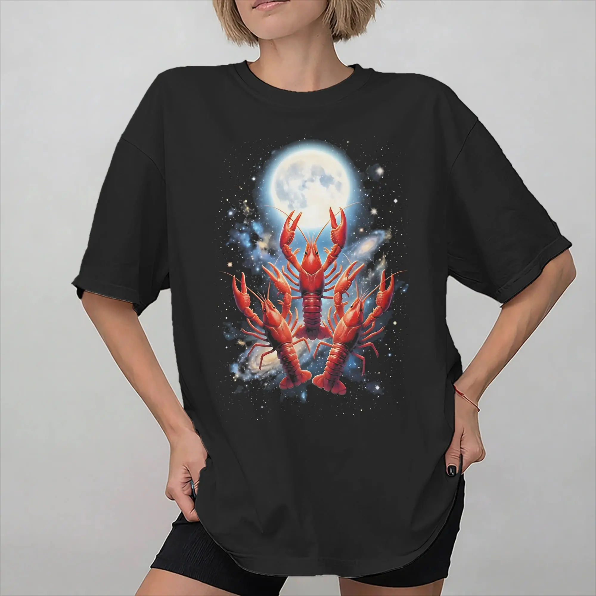 Men Women Printed Three Crawfish Moon Funny Meme  Tee T Shirt 100% Cotton  T-shirts Clothes