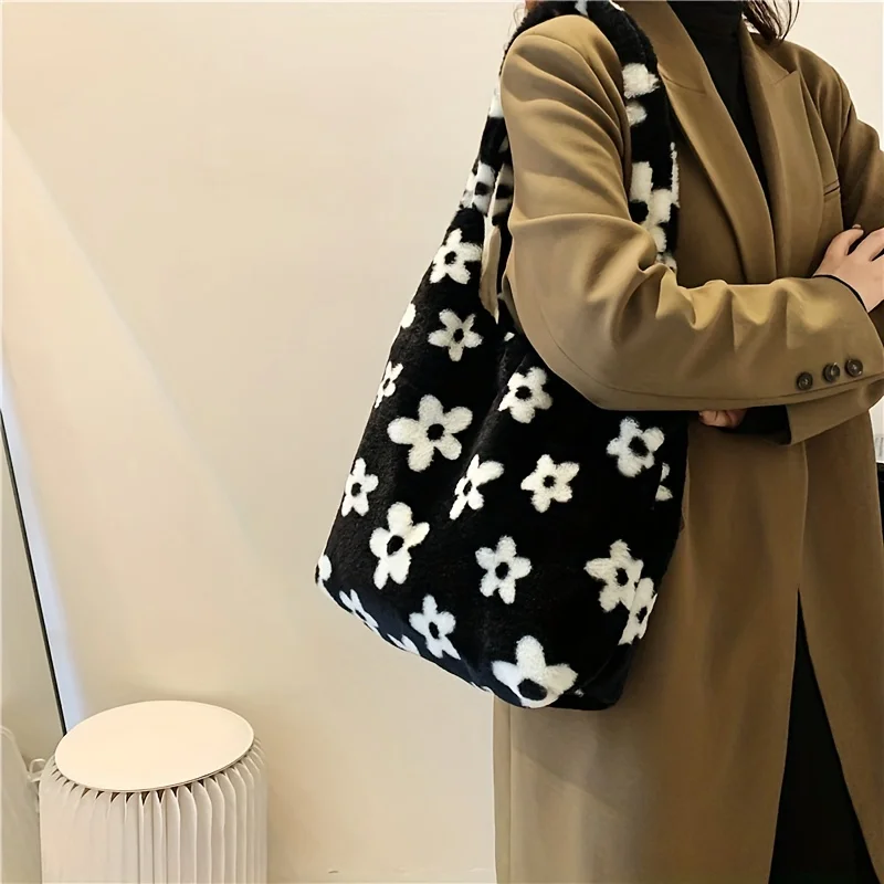 Bolso de felpa con patrón de flores para mujer, bolso de hombro con volantes de piel sintética, bolso de mano para compras diarias y trabajo