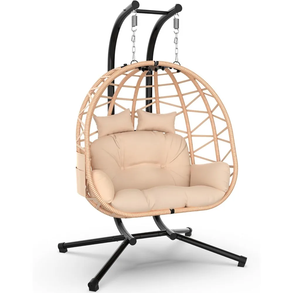 

Double Egg Chair with Stand, Large 2 Person Egg Swing Chair, Rattan Wicker Swing with UV Resistant Cushion and Pillow, for Indo