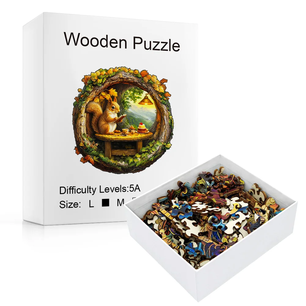 Rompecabezas de madera - Esquilo sentado en una cueva Lectura - Regalo de arte de desafío de madera colorido para todas las edades - Diseño global hecho a mano Ma