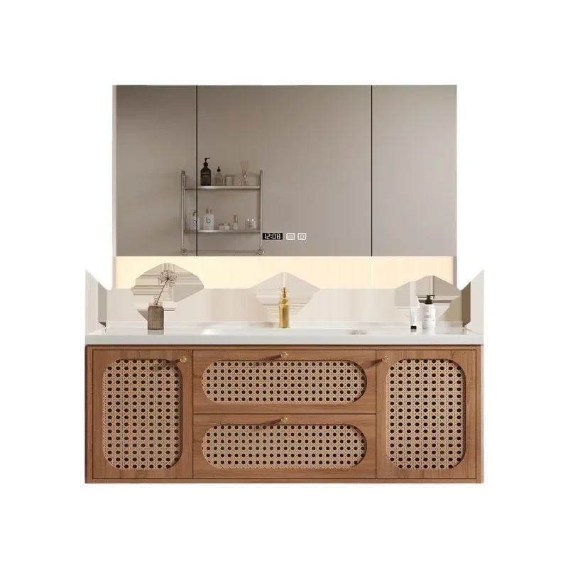 

Vine Woven Solid Wood Bathroom Cabinets with Ceramic Washbasin Bathroom Vanity Cabinet Sink Muebles De Baño Bathroom Furniture