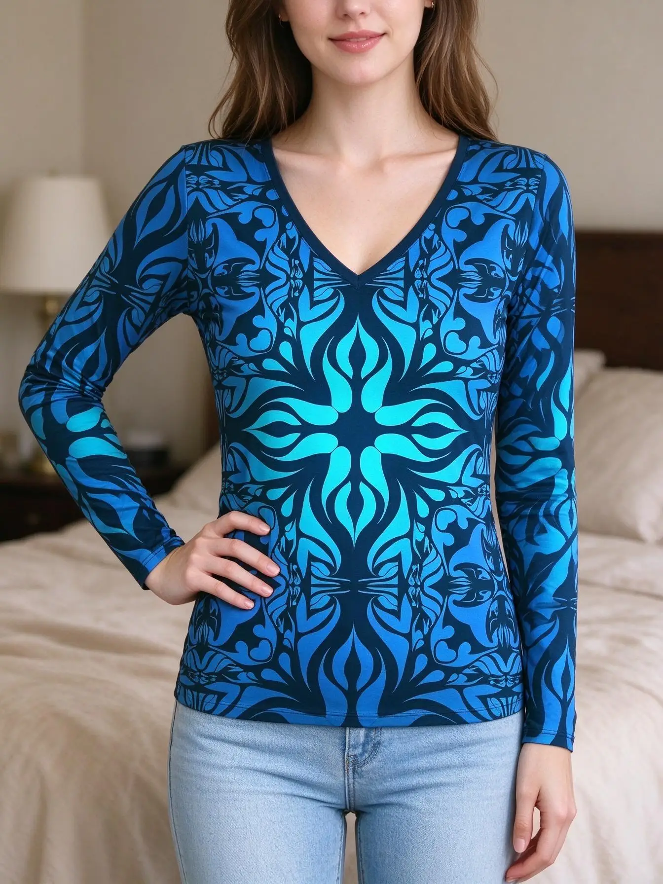 Women V Neck Long Sleeve T-shirt Blue Gradient Mandala Geometric Print Casual Tee Tops