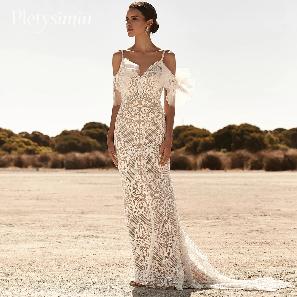 Pletysimin 매력적인 인어 레이스 웨딩 드레스 스파게티 스트랩 V 넥 백리스 오프 숄더 보헤미안 신부 가운 맞춤형