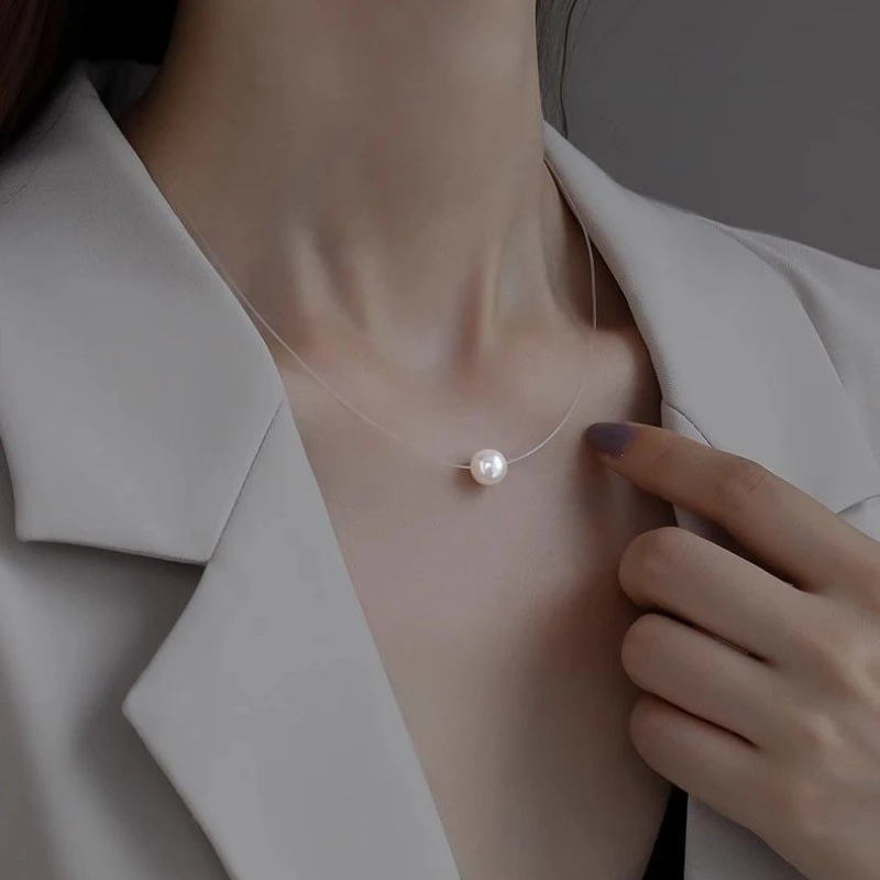 خط صيد شفاف ، عقد لؤلؤ غير مرئي للسيدات ، حبة دائرية بسيطة ، قلادة رقيقة ، ياقة قصيرة ، طوق أنيق #1