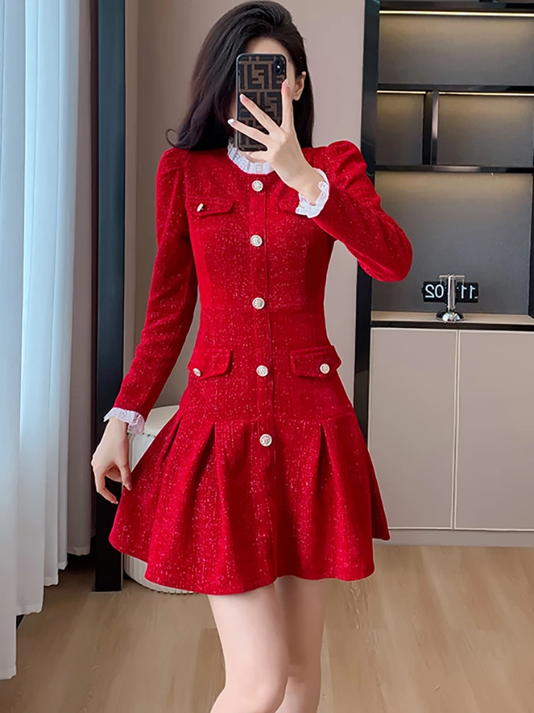 Autunno inverno rosso brillante seta ciniglia Mini abito 2024 nero elegante pizzo arruffato colletto vestito da donna di lusso aderente vestito da