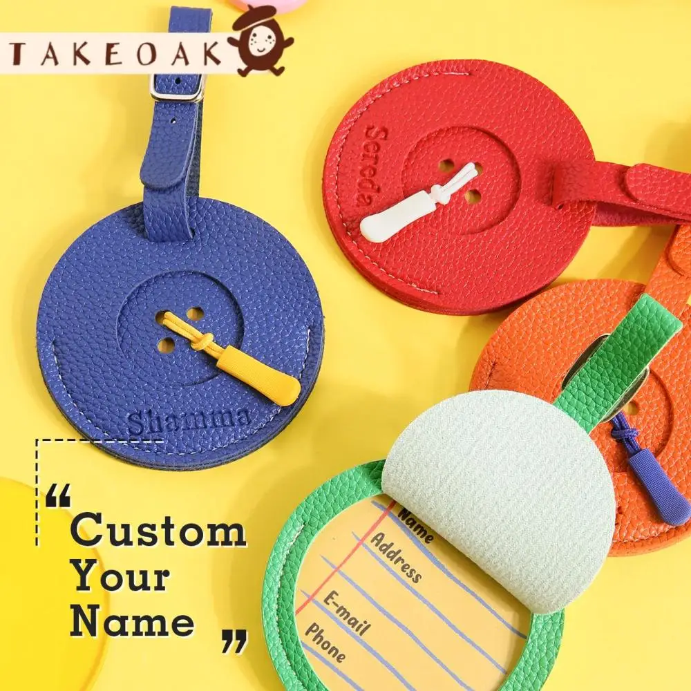 Personalized Embossed Name Luggage Tag Cute Round Button Design Pu Leather Adjustable Strap Suitcase Tag Travel Accessory