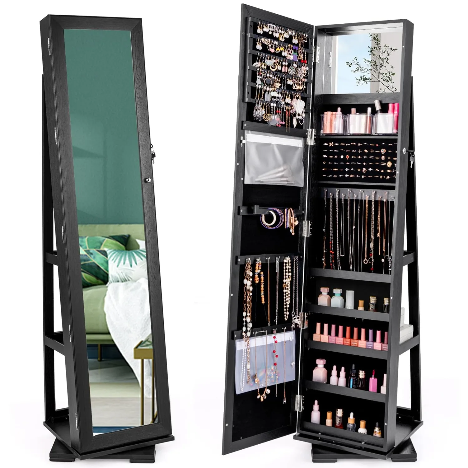 360° Swivel Jewelry Armoire with Full Length Mirror, Standing Lockable Jewelry Cabinet Organizer, Large Storage