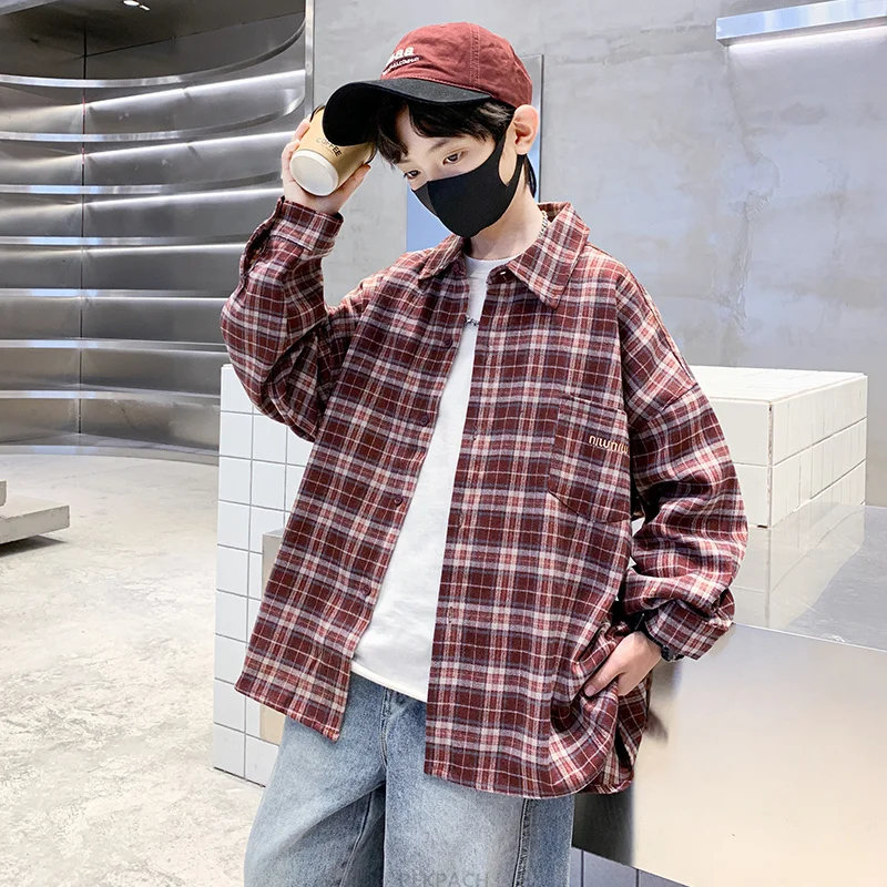 New Spring Child Cotton Long Sleeve Shirt for Boy Fashion High Street Outerwear Tops Teenage Kids Burgundy Plaid Blouse Age 5-14
