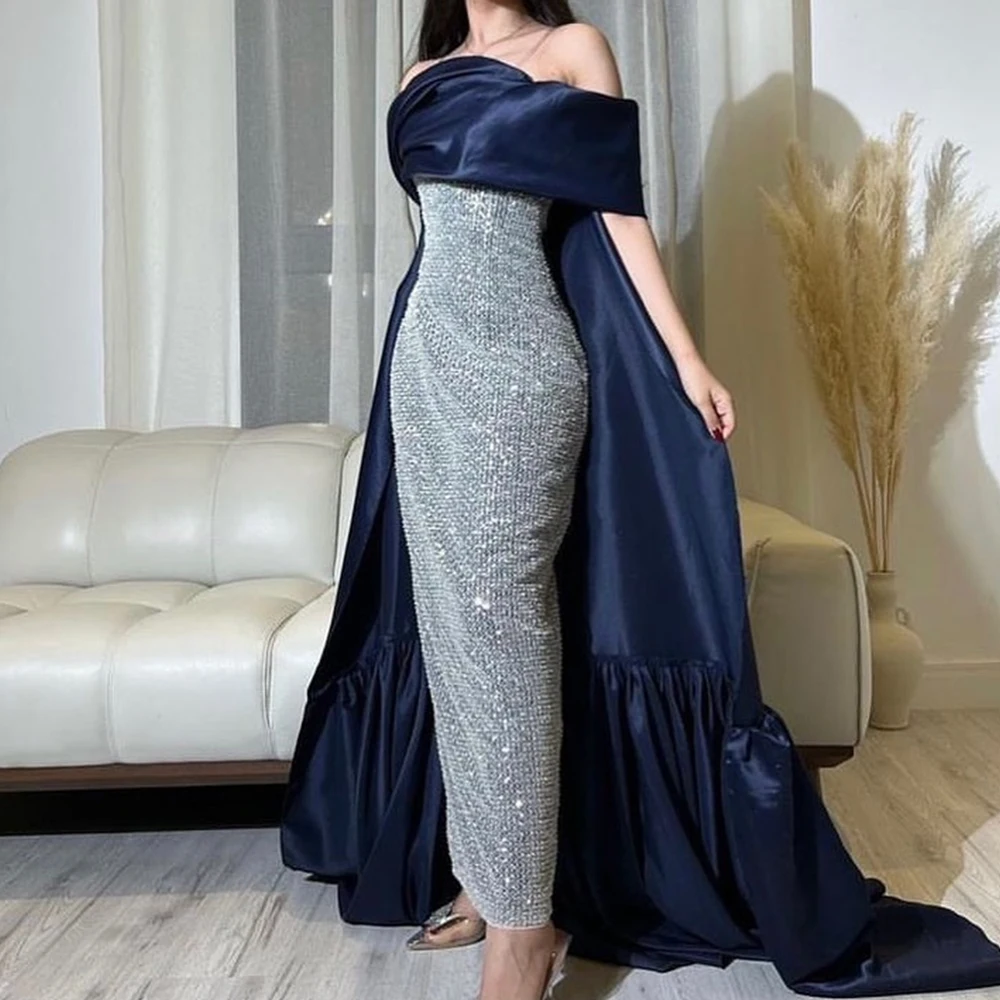 

Customized Sequin Straight Off the Shoulder Crystal Evening Dress Half Sleeves Floor Length Panel Train Photo Color Fashion