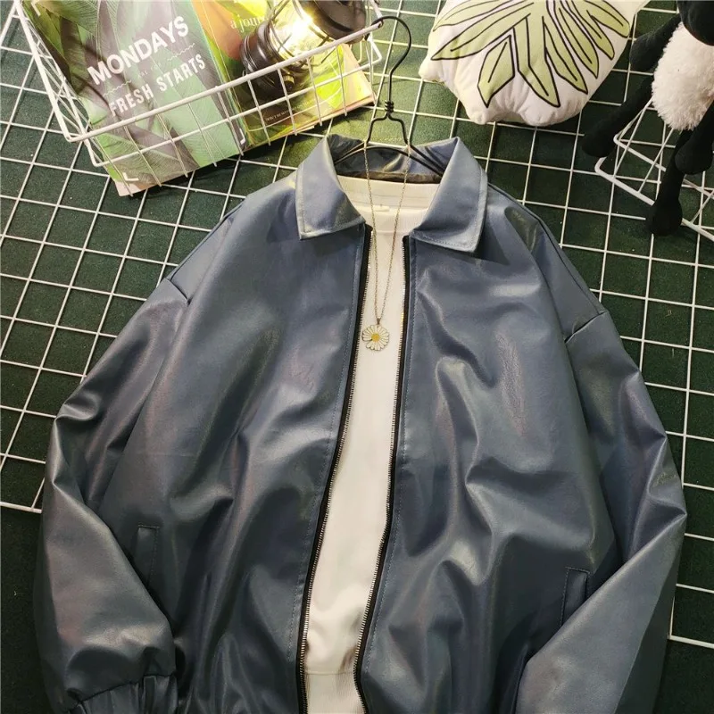 

Autumn Winter Couple PU Leather Jacket HK Inspired Loose Fit Motorcycle Coat with Flip Collar Instagrammable Streetwear Design​