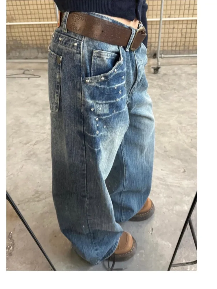 2026 Low Waist Jeans Jeans For Woman Straight Pants Pant Women's Clothing Vintage High Street Rivet Trendy All-match Y2k Casual