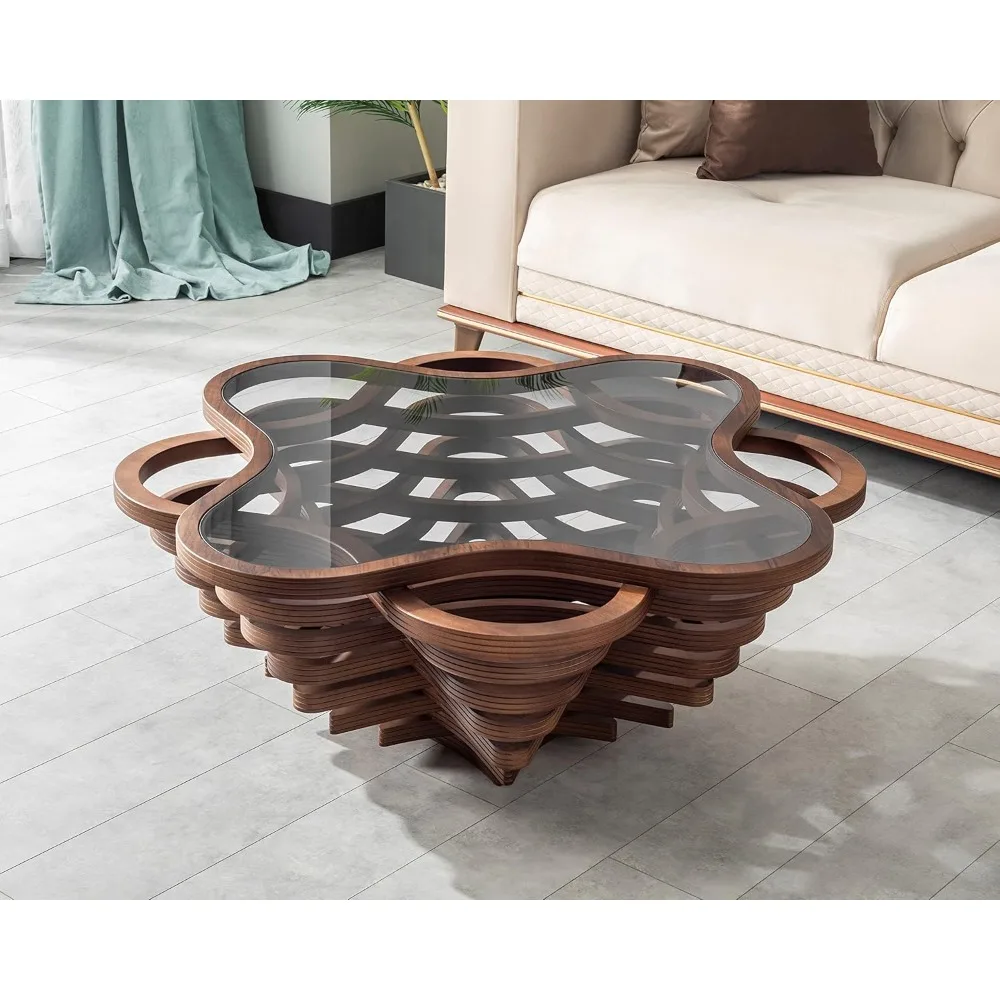 

Natural Walnut Veener Coffee Tables for Living Room, Rustic Table, Mesa De Centro para Sala, Center Table, Glass Table top