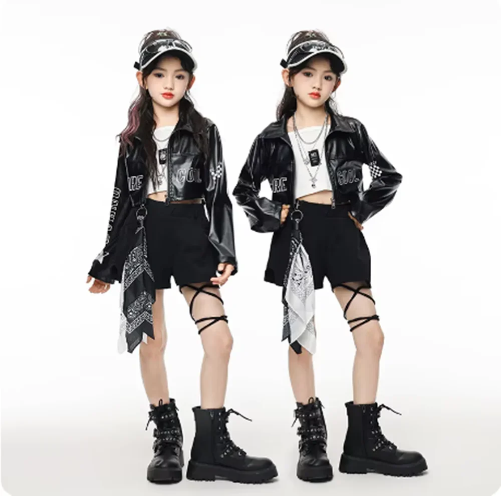 

Jazz Dance Wear Girls Hip Hop Dancing Costume Kpop Street Dance Clothes Cool Kids Model Fashion Suit Black Jacket Shorts yj888