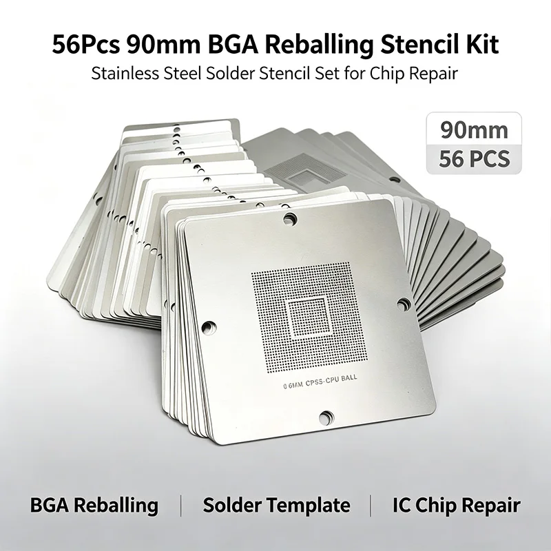 56Pcs 90mm BGA Reballing Stencil Kit, Universal Stainless Steel Solder Template for Phone Motherboard IC Chip Repair