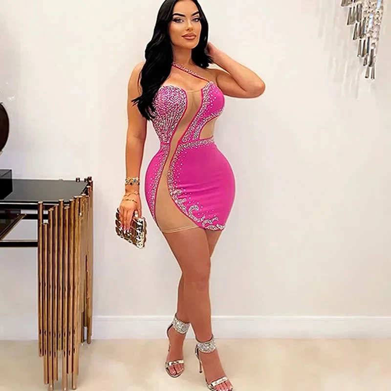 

Sexy Rhinestone Diamonds Birthday Dress for Women Luxury 2023 Clubwear See Through Mesh Patchwork Night Party Short Dresses