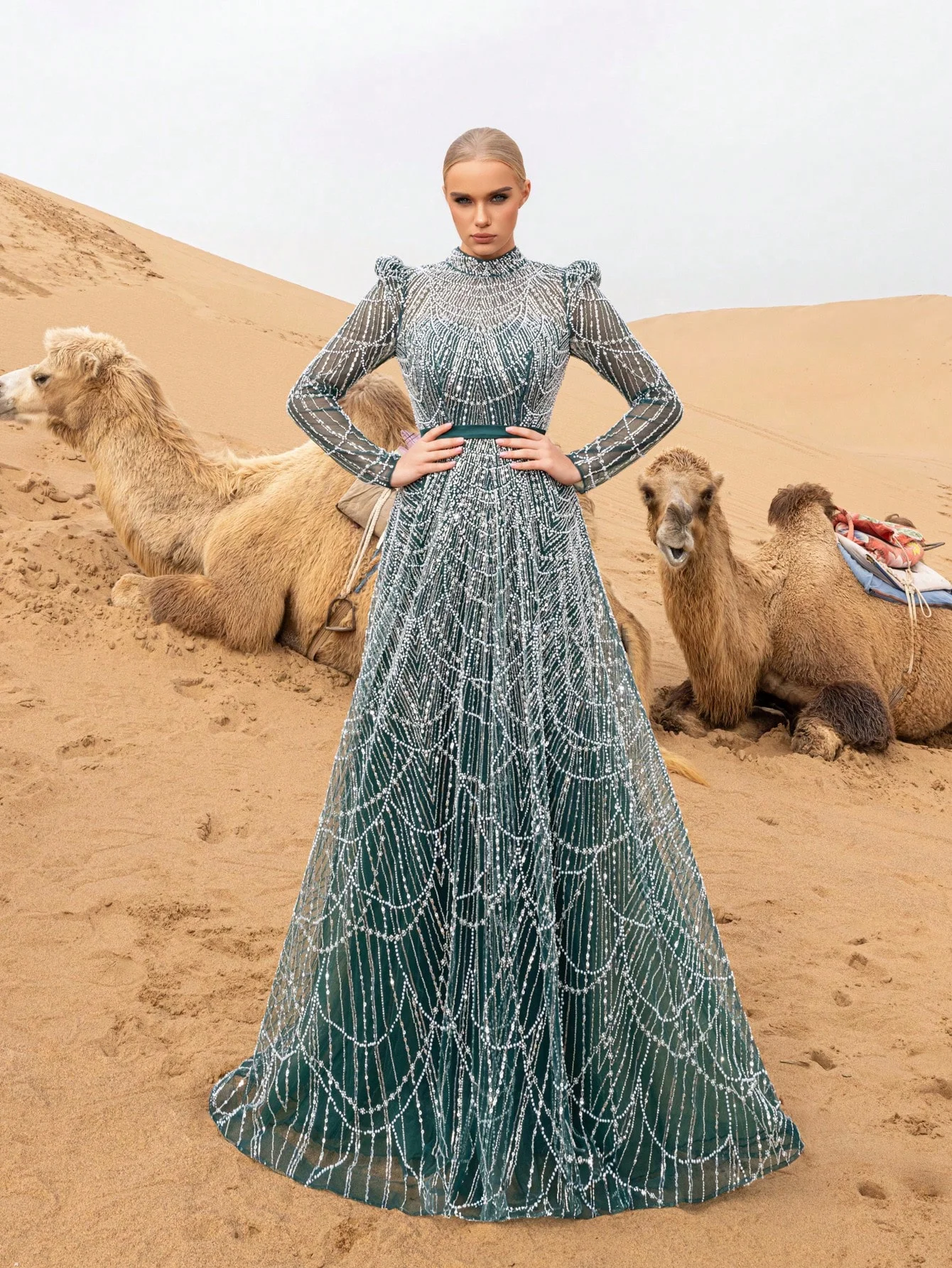 

Alinovia Muslim Pearls Bead Evening Dress for Women 2025 High Neck Long Sleeves Aline Formal Prom Wedding Party Gowns Customized