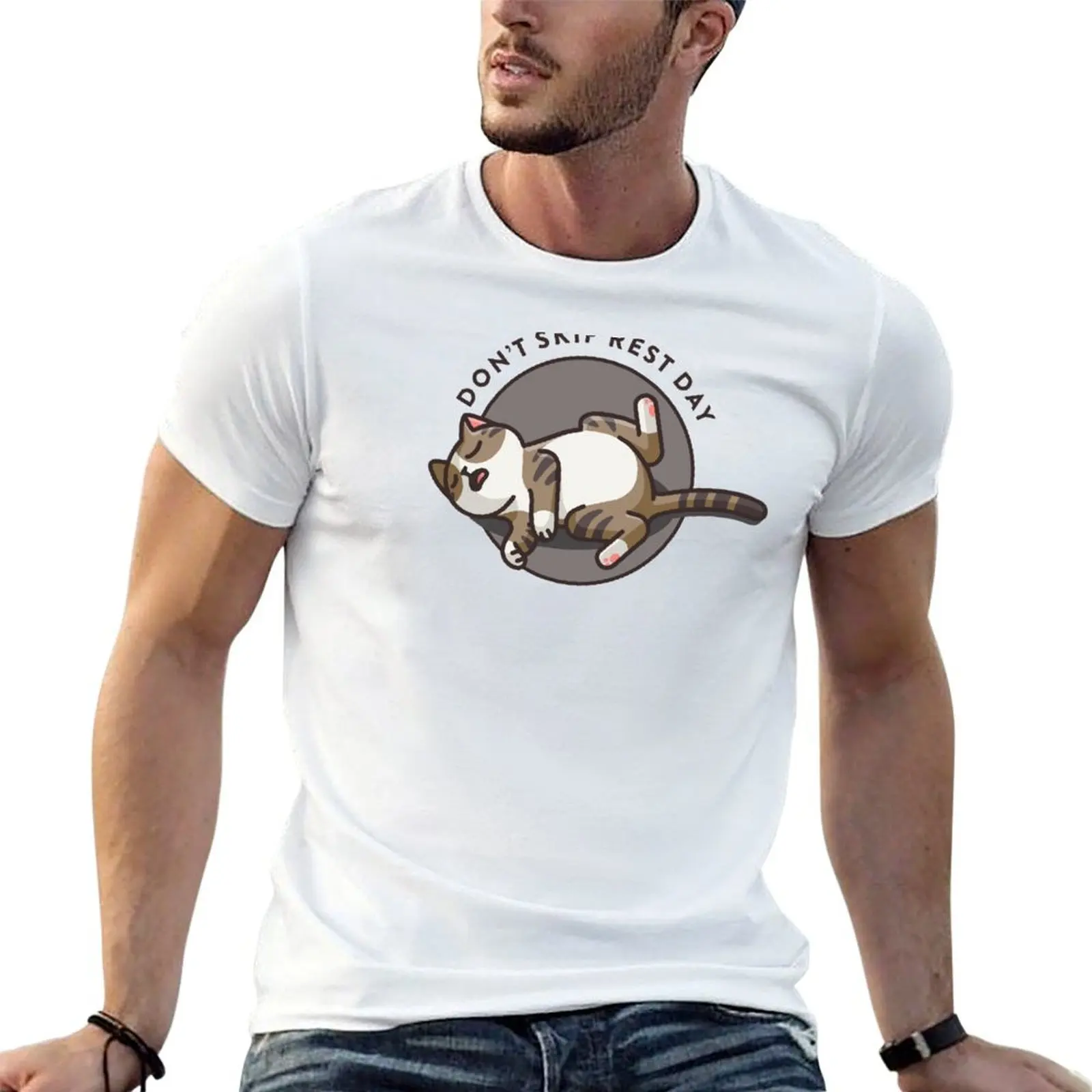 

crossfit statement print Don't skip rest day with sleeping cat T-shirt oversized anime heavy weight t shirts for men